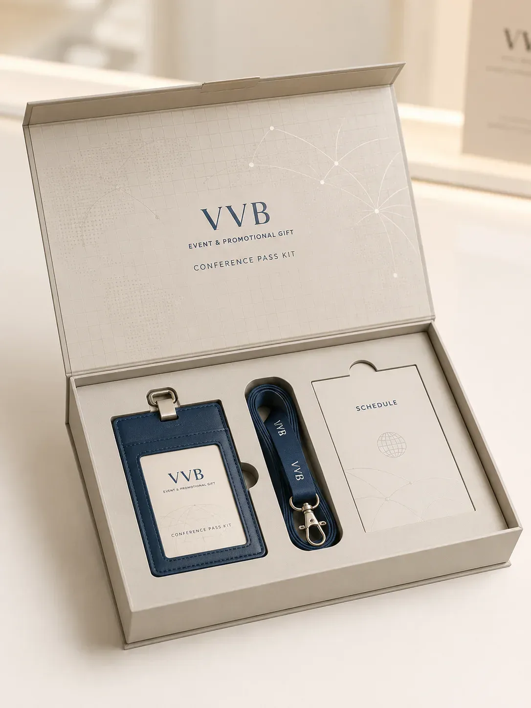 Employee welcome kit packaging with branded items in a mailer box.